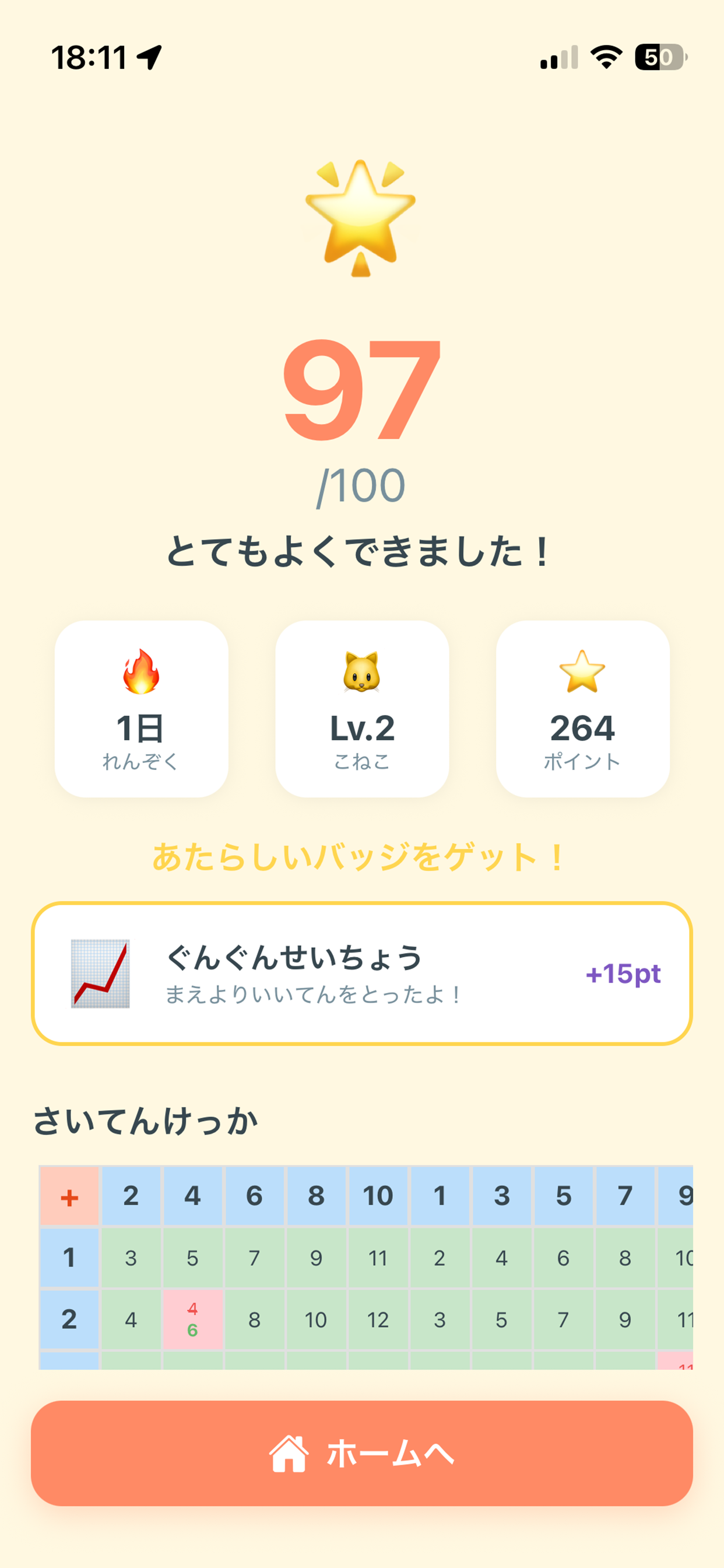 百マス計算アプリ 採点結果画面 - スコア97点